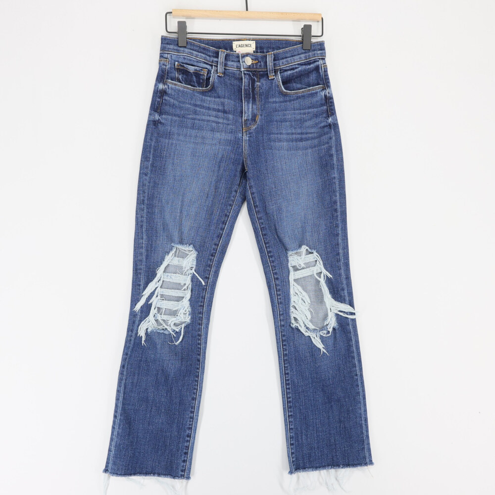 L'Agence Cropped Straight Jeans Womens 25 Blue Distressed High Rise Raw Hem